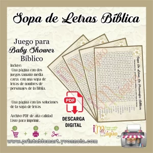 Juego para Baby Shower Bíblico Sopa de Letras Personajes Bíblicos