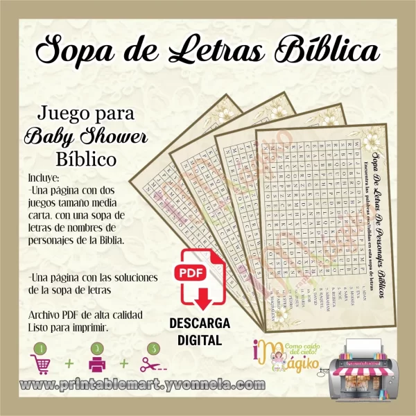 Juego para Baby Shower Bíblico Sopa de Letras Personajes Bíblicos