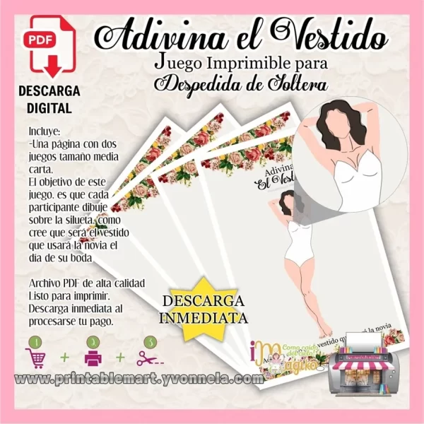 Adivina el vestido, juego para despedida de soltera para imprimir PDF