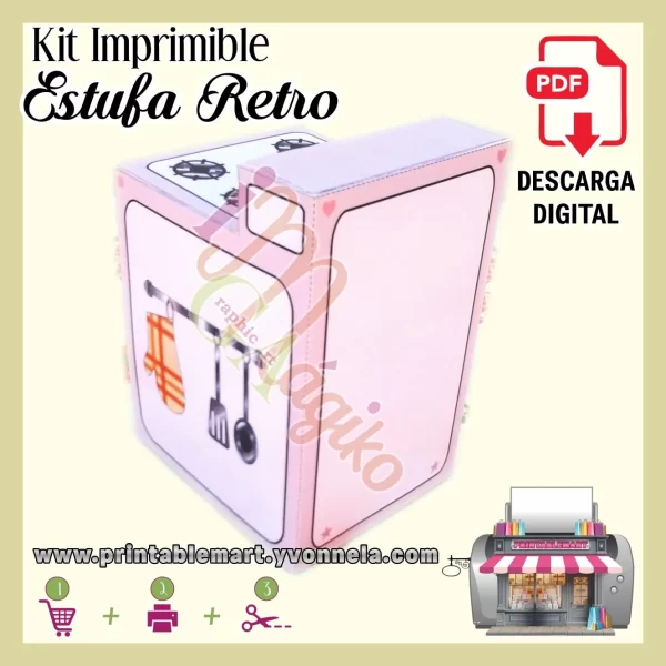 Caja Rosa para cupcakes Estufa Vintage Imprimible Estufa Retro