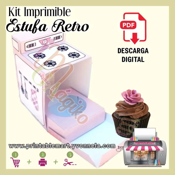 Caja Rosa para cupcakes Estufa Vintage Imprimible Estufa Retro