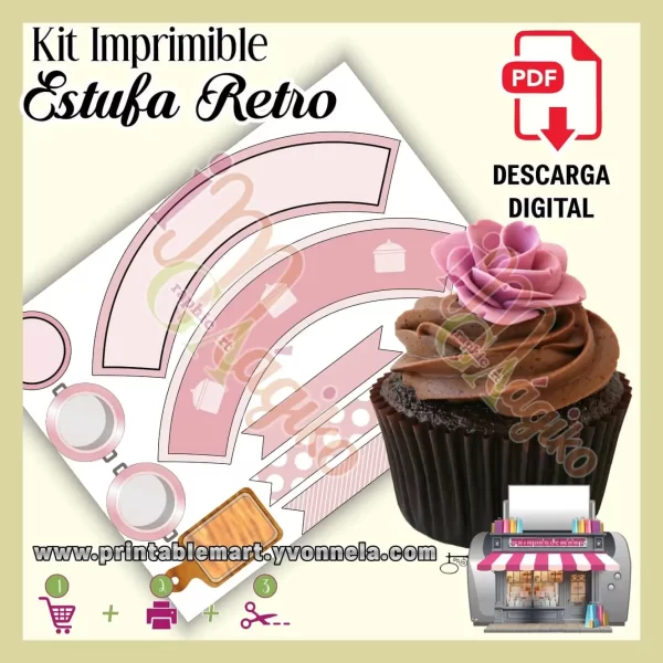 Caja Rosa para cupcakes Estufa Vintage Imprimible Estufa Retro